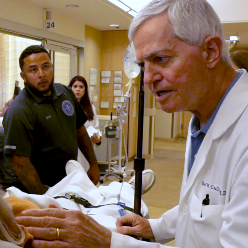 Neil Culligan, MD, Section Chief of Neurology and Director of the Stroke Center at Danbury and New Milford Hospitals, examines a stroke patient in the emergency department.