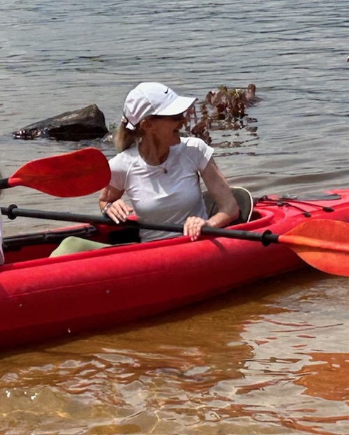 Shelley Kaiser kayaking. Shelley had spine surgery for spinal stenosis at Danbury Hospital.